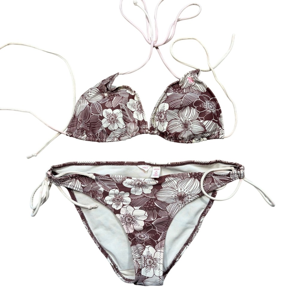 RARE Y2K Abercrombie & Fitch Brown Floral Triangle Bikini Set Side Tie SwimsuitM